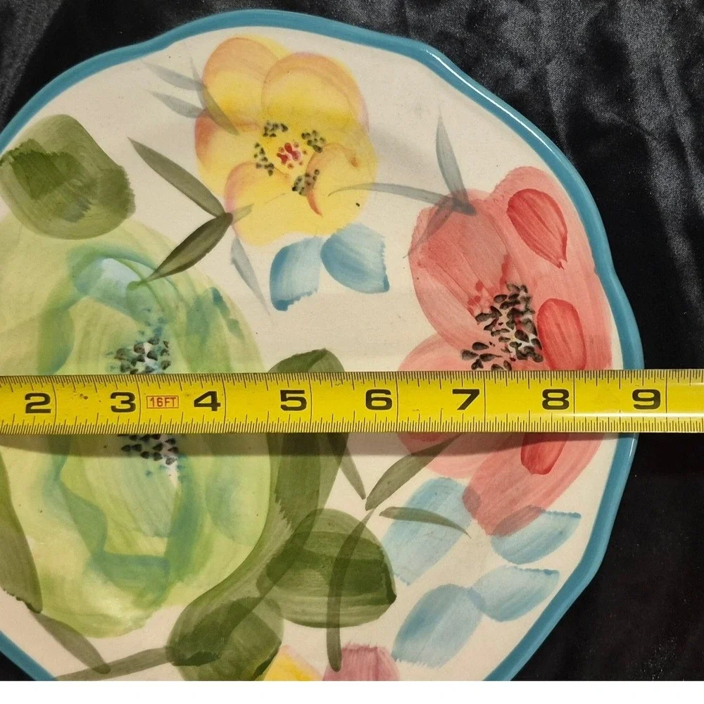 Pioneer Woman Flea Market Floral Salad Plate Scalloped Turquoise Rim 8.5